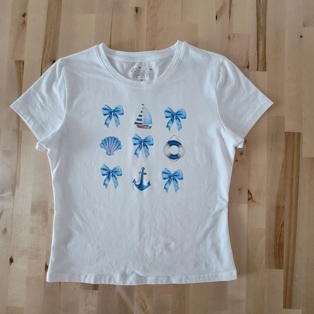 Women's T-shirt White Blue Nautical Bows SZ M